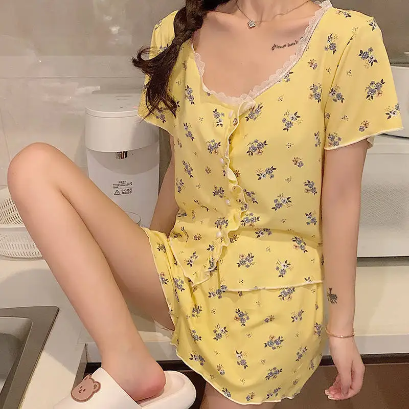 Women Pajama Sets Floral Print Pijama Milky Silk O-Neck Pyjama Female Sleepwear Short Sleeve Top Shorts Suits Homewear Nightwear
