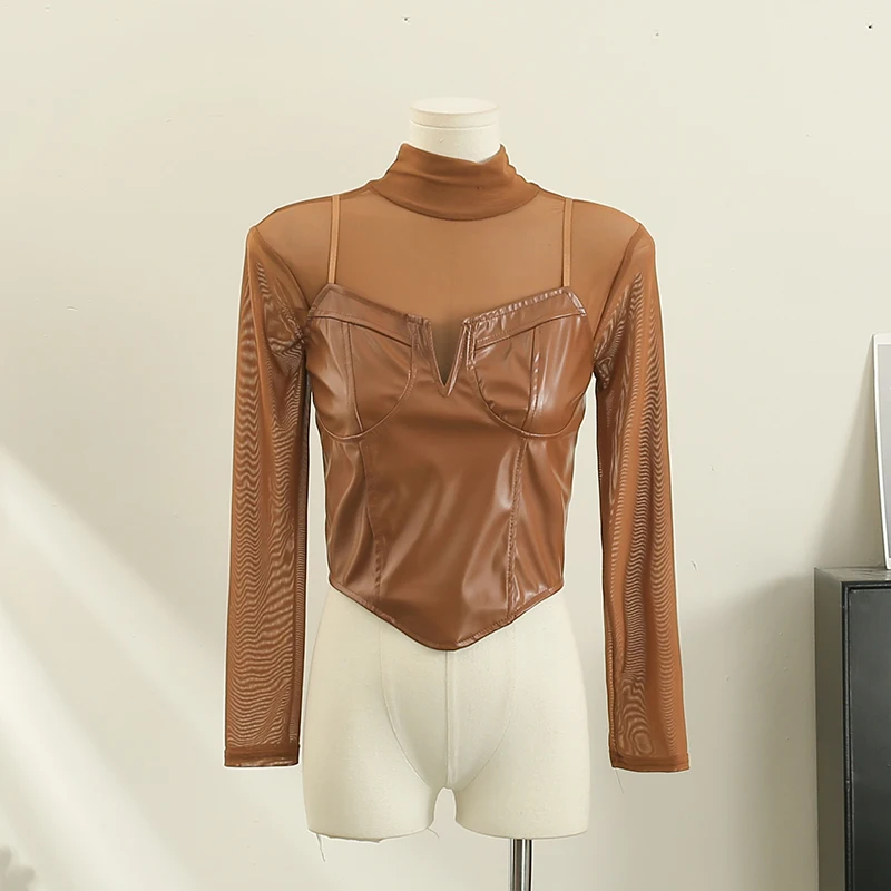 

Женский сетчатый укороченный топ в стиле пэчворк из искусственной кожи с длинным рукавом облегающая пикантная Корейская Футболка модная Осенняя женская рубашка