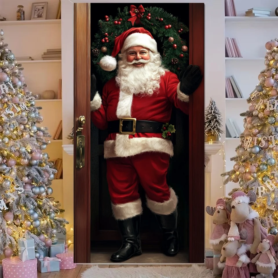 Babbo Natale Apri la porta Banner Copri porta Decorazione Poliestere Buon Natale Inverno Capodanno Vacanze Photo Booth Navidad  15