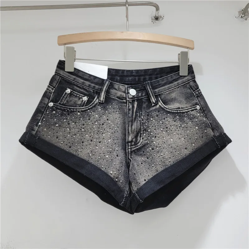 Fashion Retro Rhinestone Denim Shorts Women 2024 Summer New A- Line Wide Leg Short Pants Ultra Short Booty Shorts for Hot Girls