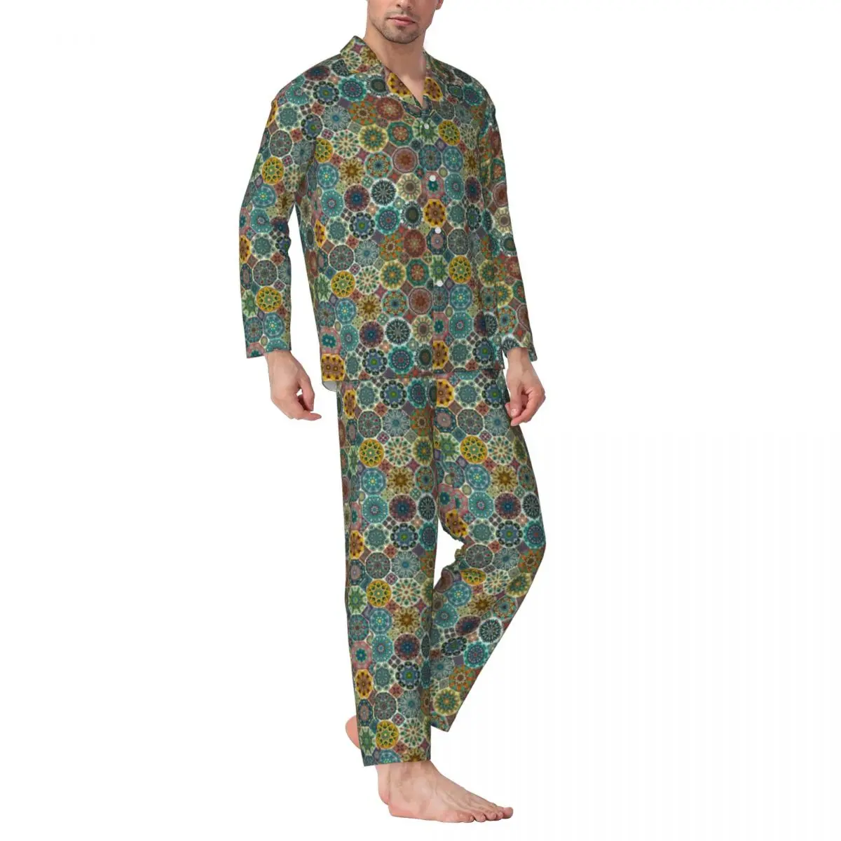 

Пижама Мужская с цветочным принтом, винтажная Милая Ночная рубашка для отдыха, абстрактная плитка, свободный комплект из 2 предметов, пижамный комплект оверсайз с принтом, осень