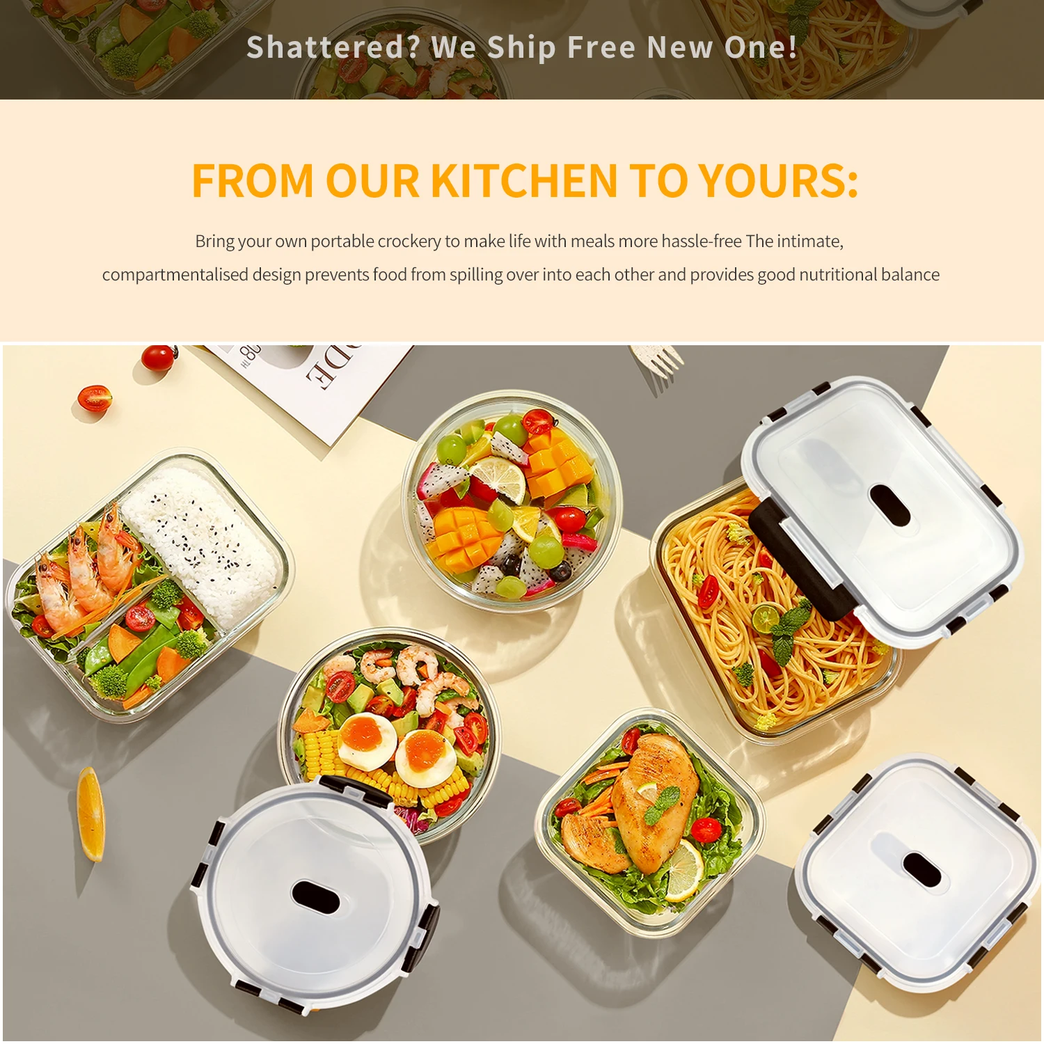1040ML Unterteilte Glas-Bento-Box-Set, Auslaufsicher & Geruchsisoliert, Mikrowellengeeigneter Lebensmittelbehälter für Büroangestellte – Detail 8