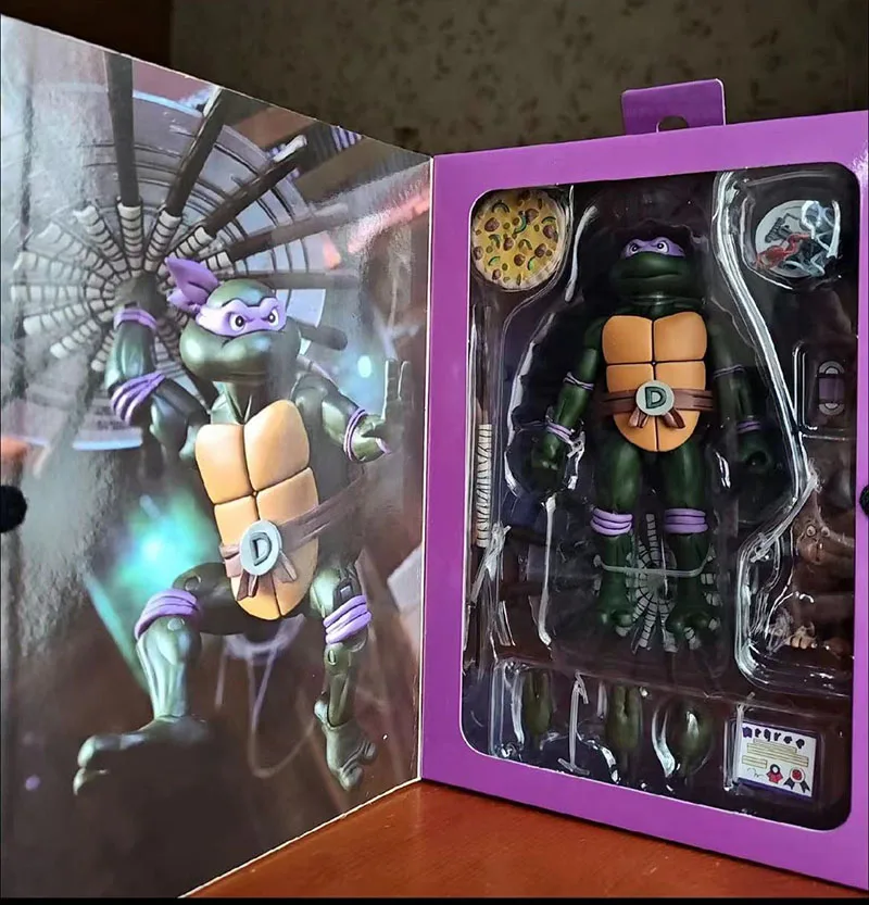 재고 오리지널 NECA TMNT 피자 클럽, 레오나르도 라파엘 도나텔로 미켈란젤로, 애니메이션 버전 액션 피규어 수집품 장난감 선물