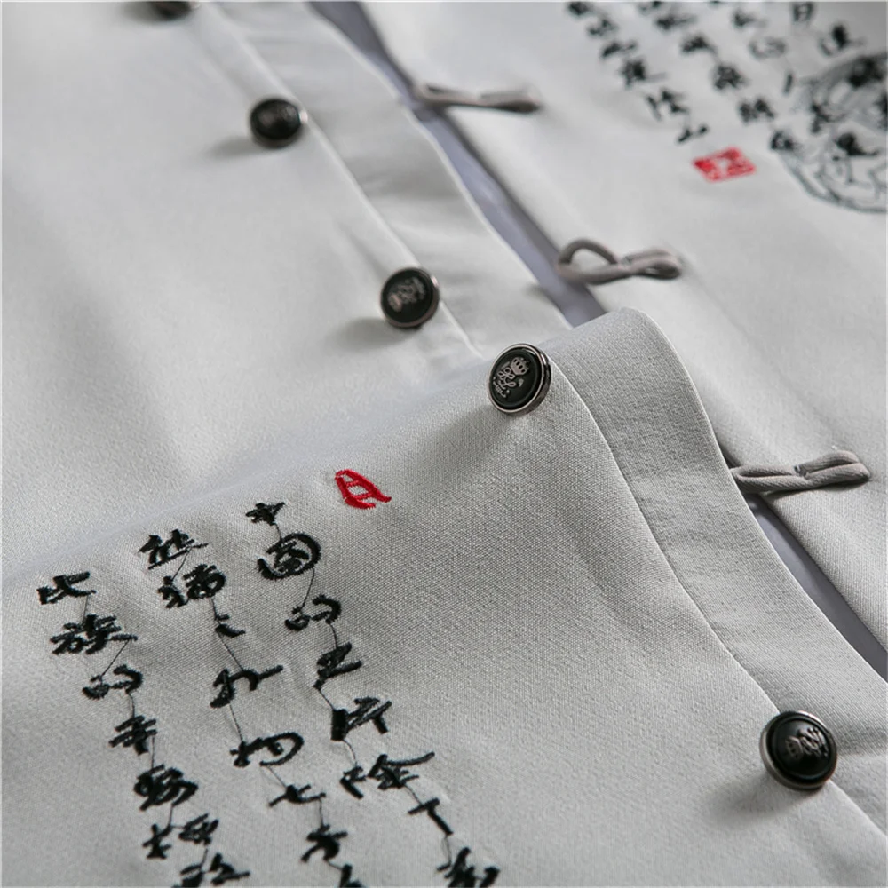 Fashion Male Suit 2023 New in Casual Jacket Pants 2 Pieces Sets Chinese Style Linen Stand Collar Letter Embroidery Pant Suits