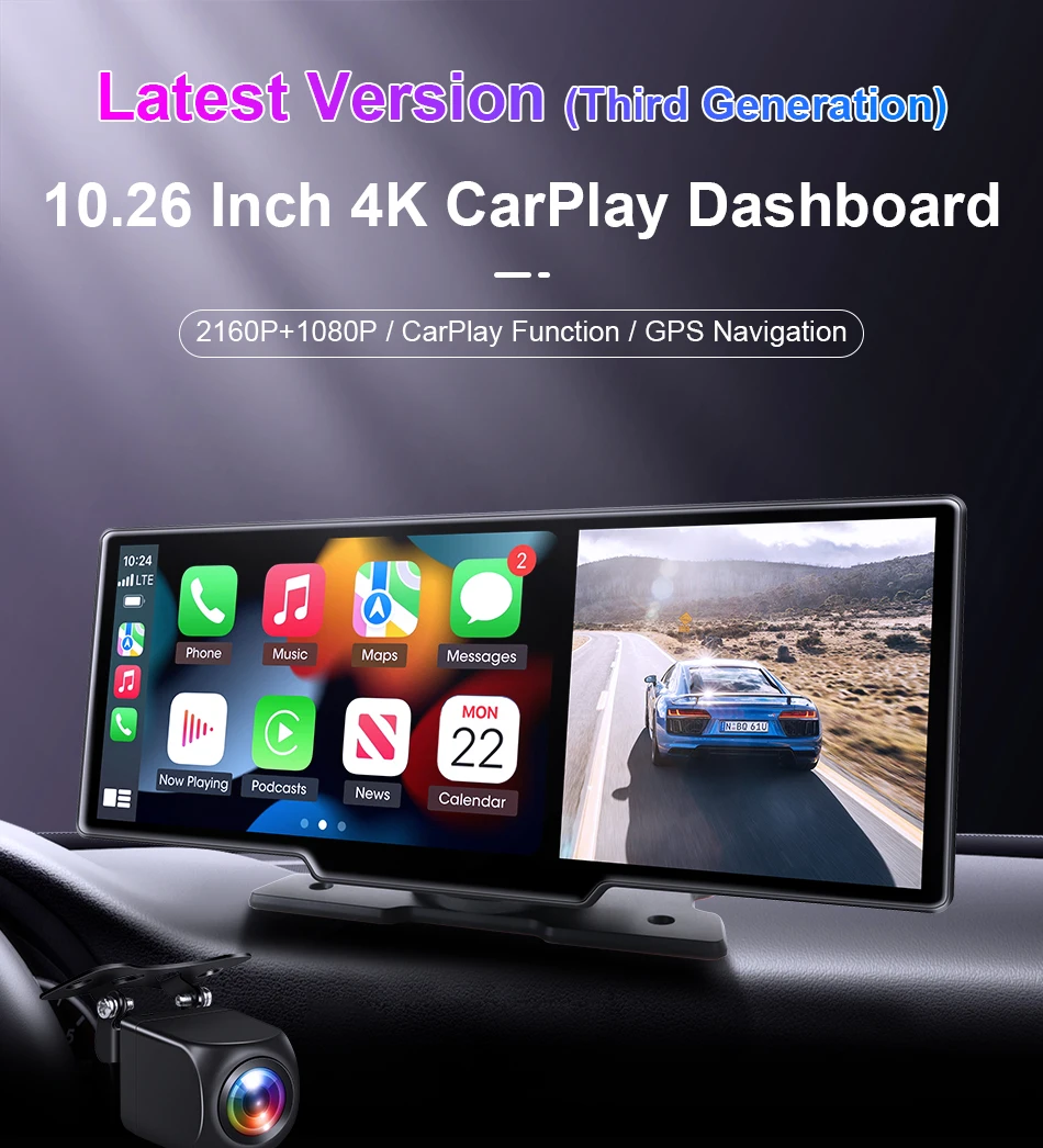 Srnubi 10,26 Zoll 4K DVR Motorrad-Navigationssystem mit Wireless Carplay & Android Auto, optional mit Dual-Objektiv-Dashcam und Rückfahrkamera, WIFI, BT5.0 – Detail 4