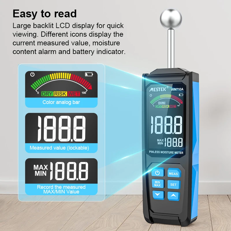 WM710A Pinless Moisture Meter Non-destructive Hygrometer Digital Wood Timber Damp Detector Humidity Tester for Wall Paper Floor