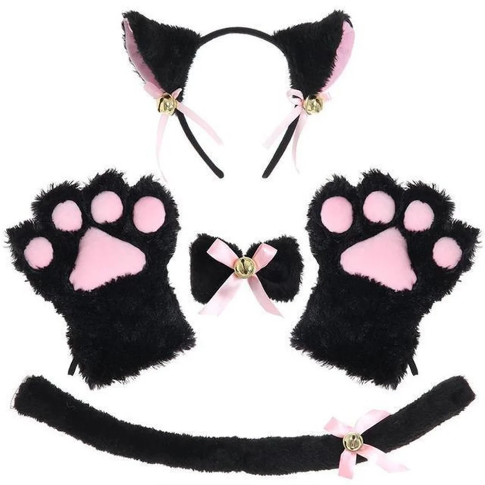 

5Pcs Kawaii Plush Cat Ear Claw Gloves New Bow Tie Tail Set With Bell Cosplay Costume Furry Headbands Headwear Hair Accessories