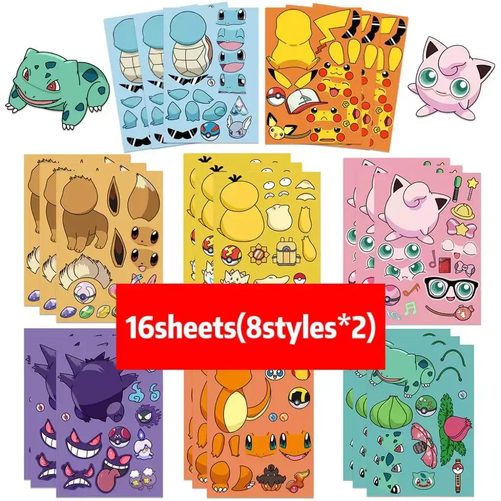 thumbnail image 1 of 8/16 hojas de pegatinas de rompecabezas de Pokémon Pikachu Make-a-Face Assemble Funny Lilo & Stitch Anime Decal DIY Cartoon Children Toy Gifts, 1 of 5