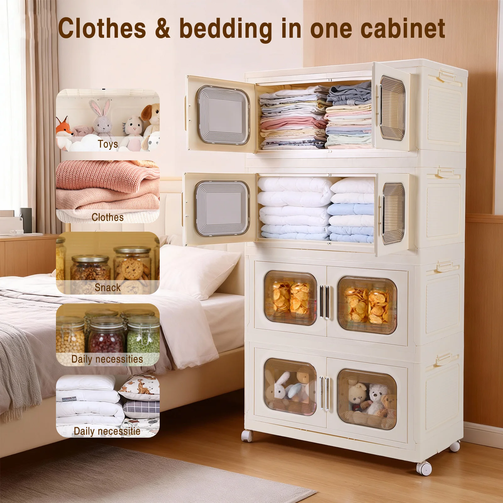 4 Pack Foldable Storage Box with Wheels and Magnetic Doors Plastic Storage Bins Wardrobe Organizer and Pantry for Home