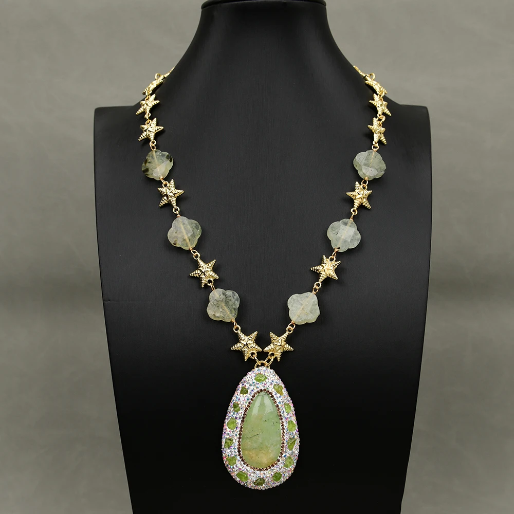 

GG 21'' Natural Faceted Green Prehnite Flower Star Chain Necklace Prehnite Quartz Stone Crystal CZ Paved Pendant