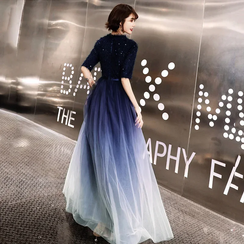 Customized Evening Dress Navy Blue O-neck Half Sleeve A-line Floor