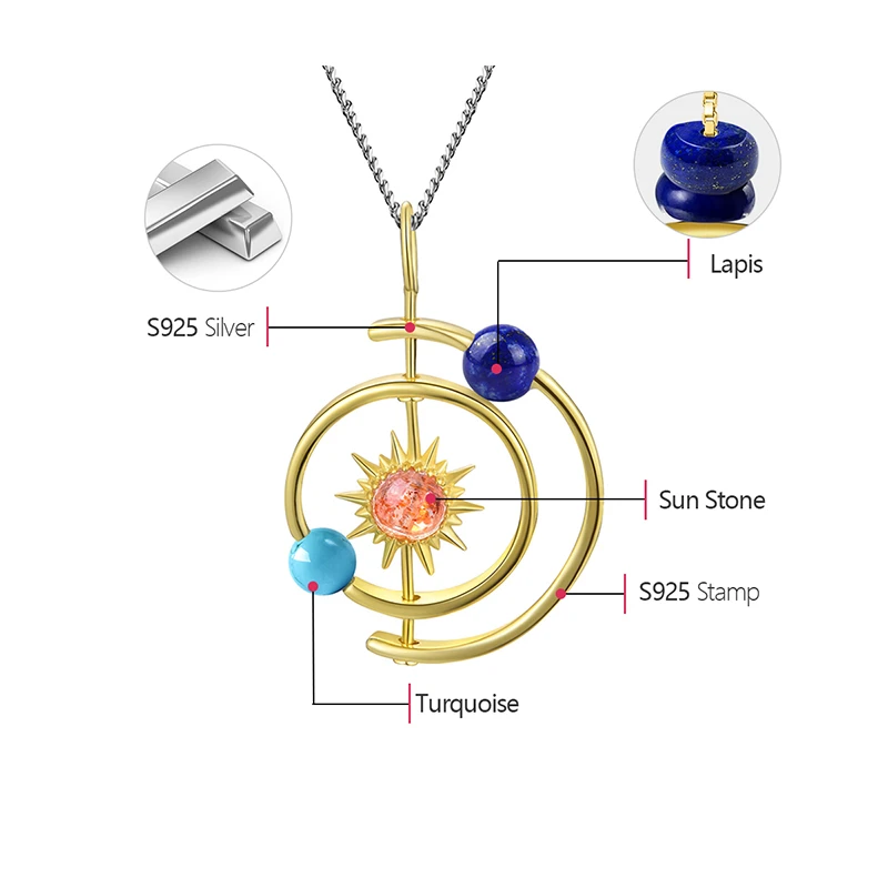Women Gift Lotus Fun Real 925 Sterling Silver Handmade Fine Jewelry 18K Gold Creative Solar System Pendant without Necklace pendant necklace silver pendant