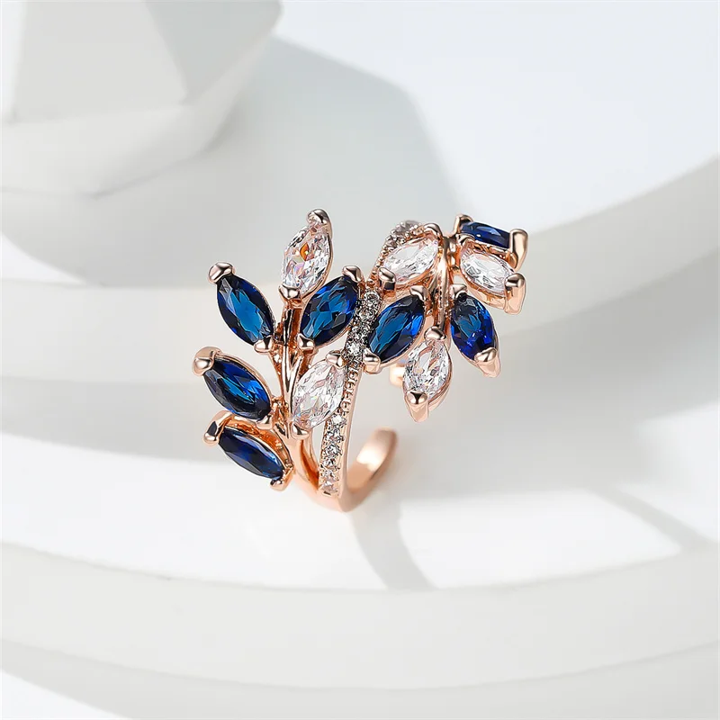Marquise Cut Multicolor Zircon Leaf Ring in Rose Gold Boho Style