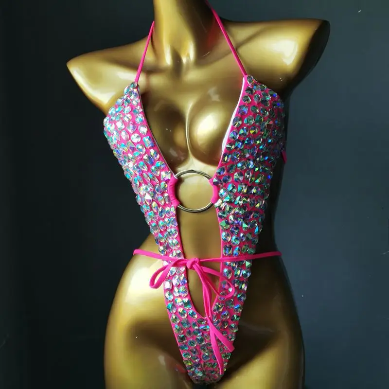 

Pink Black Rhinestones Deep V-neck Backless Bodysuit Bar DJ Stage Wear Women Nightclub Pole Dance Crystal Stones Bikini Costume