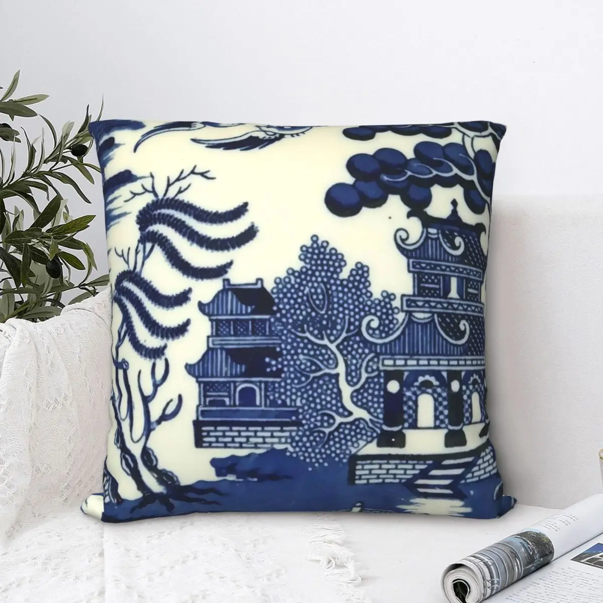 

Antique Willow Ware Oriental Toile Square Pillowcase Polyester Pillow Cover Velvet Cushion Decor Comfort Throw Pillow For Home