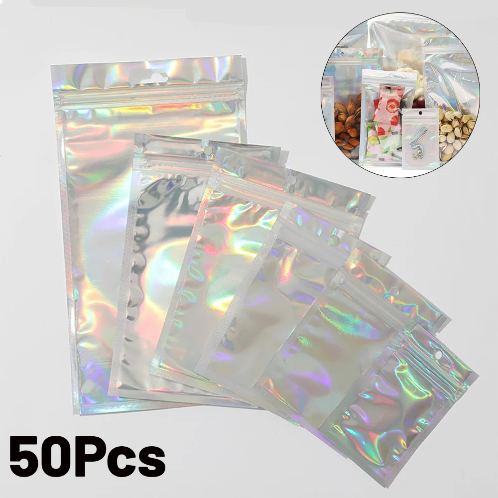 50PcsSelfSealingLaserSmallPlasticBagsforJewelryPouchwith