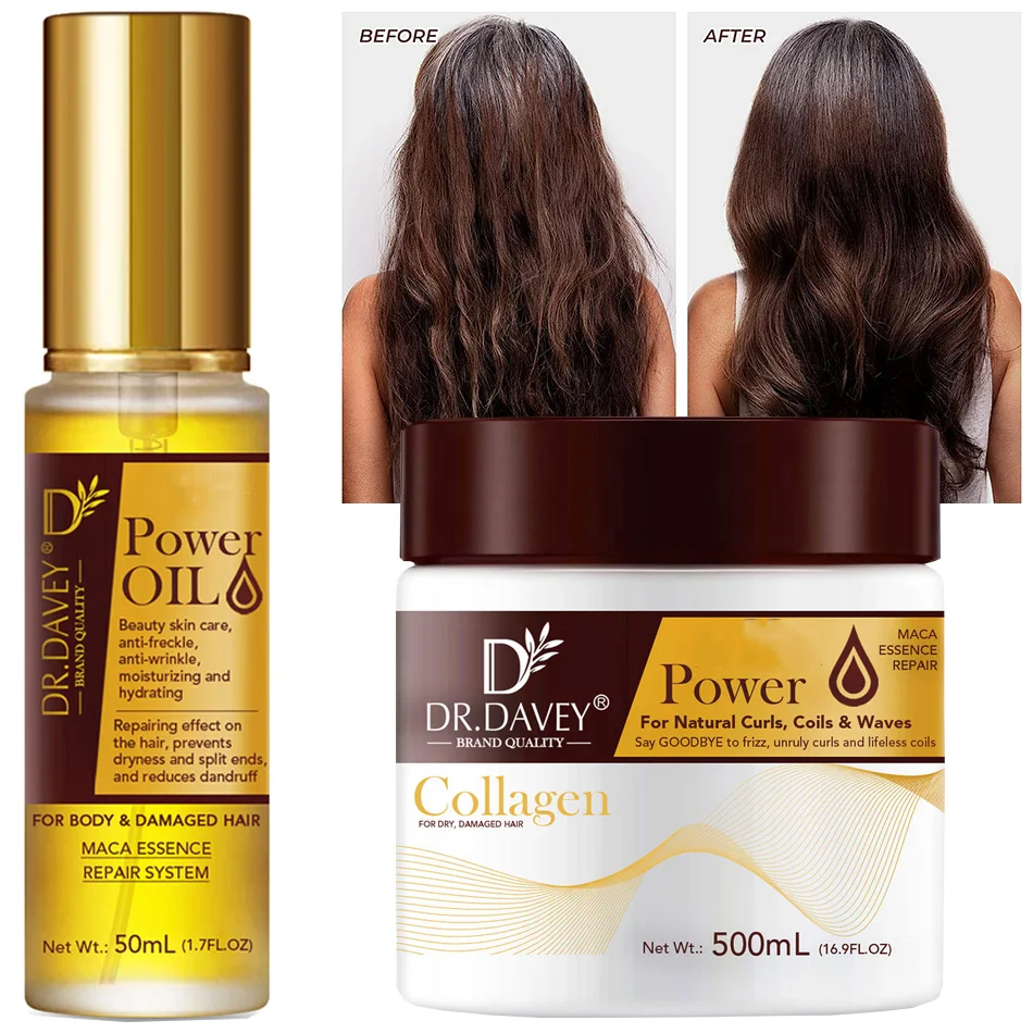 50ml Maca Power Oil And 500ml Hair Mask Prevent Dryness Split Ends Repair Damage Frizz Tangles 5 Seconds Soft Smooth Hair Care Products