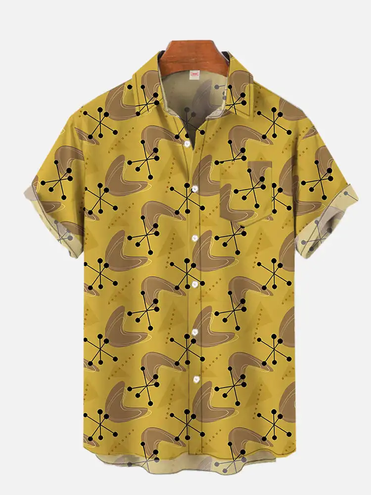 

Yellow Mid-Century Modern Atomic Age Boomerang Print Chest Pocket Short Sleeve Shirt Daily Casual Large Size S-5XL