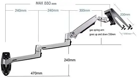 Wall Mount Laptop Holder Ultra Long Arm Aluminum Mechanical Spring Full Motion Laptop Mount Arm Monitor Holder Lapdesk (Silver)