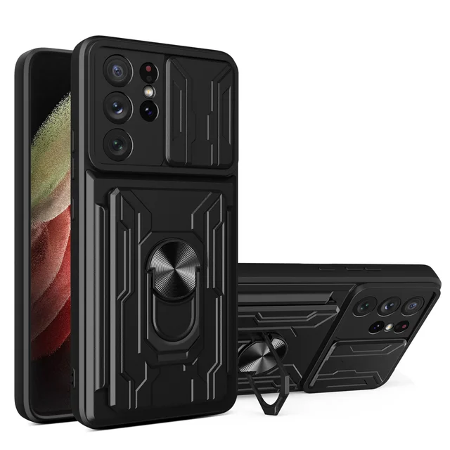 For Samsung S22 S21 Ultra Plus Case Slide Stand Kickstand Ring Camera Military Grade Card Slot Galaxy Note 20 A13 A32 A73 A52 72 Black