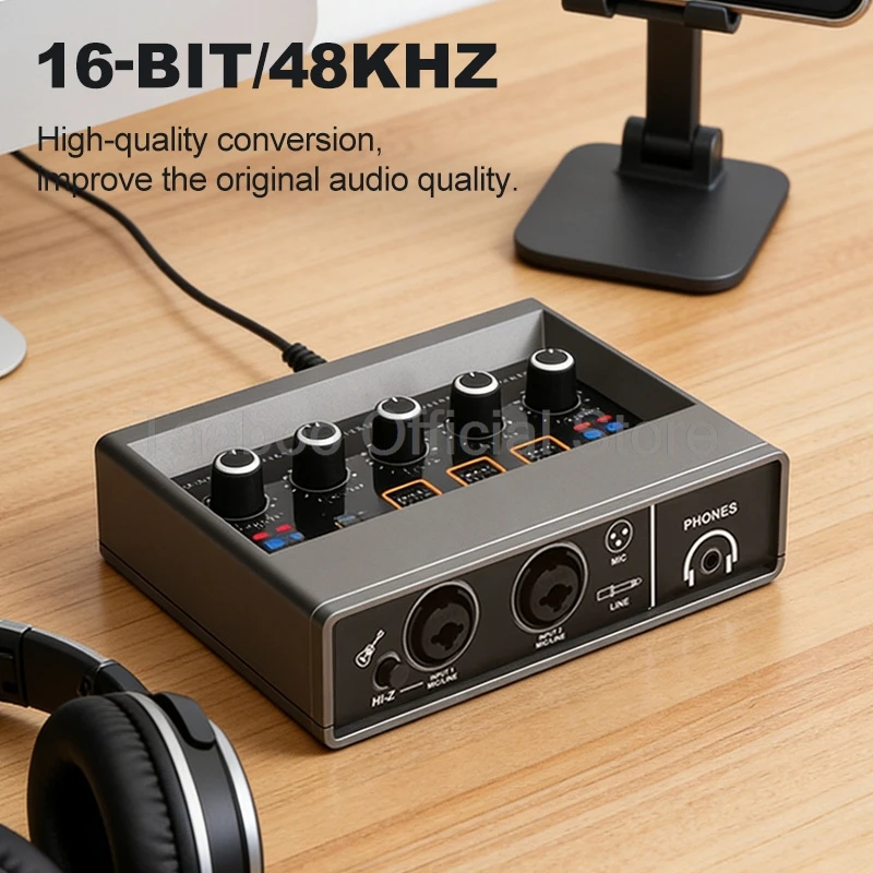 전문가용 오디오 사운드 카드 USB 오디오 인터페이스, 스튜디오 녹음, 라이브 스트리밍, 팟캐스팅, 기타용 2입력 2출력 사운드 콘솔