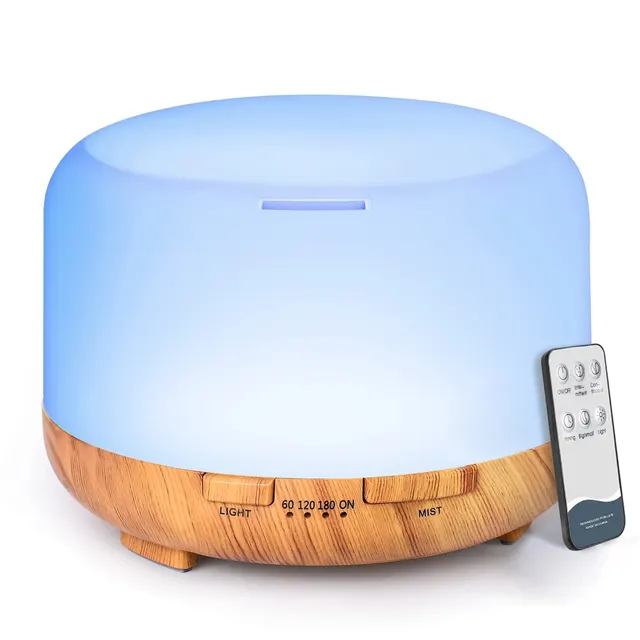500ML Aroma Diffuser Wood Grain Color, 5V 2A USB Power Essential Oil Aromatherapy Diffuser with Remote Control for Home Office