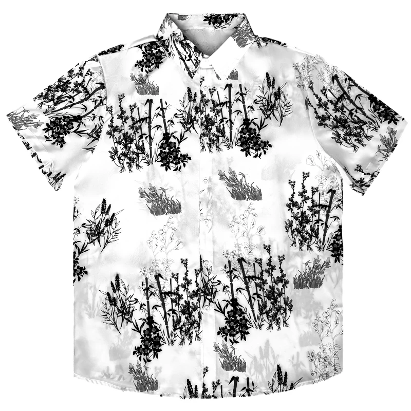 Men's Casual Collared Short Sleeve Floral Shirt Tropical Fashionable Ink Wash Bamboo Printed Top