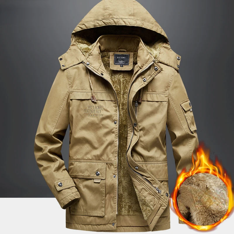 Plus Size Men's Winter Warm Jacket Fleece Solid Parka Coat 2023 New Hooded Windbreaker Outwear Fleece Jacket Long Parkas F14