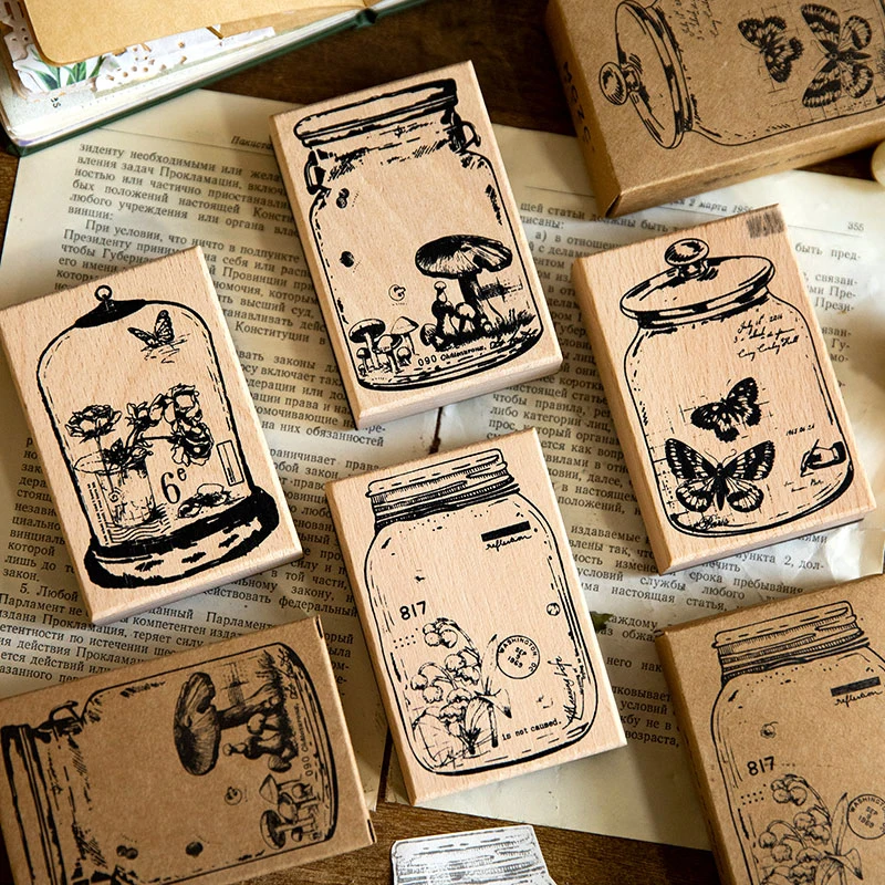 

Shanbu 1Pcs Large Size Vintage World in Bottle Wooden Stamp Butterfly Mushroom Deco Journaling Scrapbooking DIY Retro Stationery