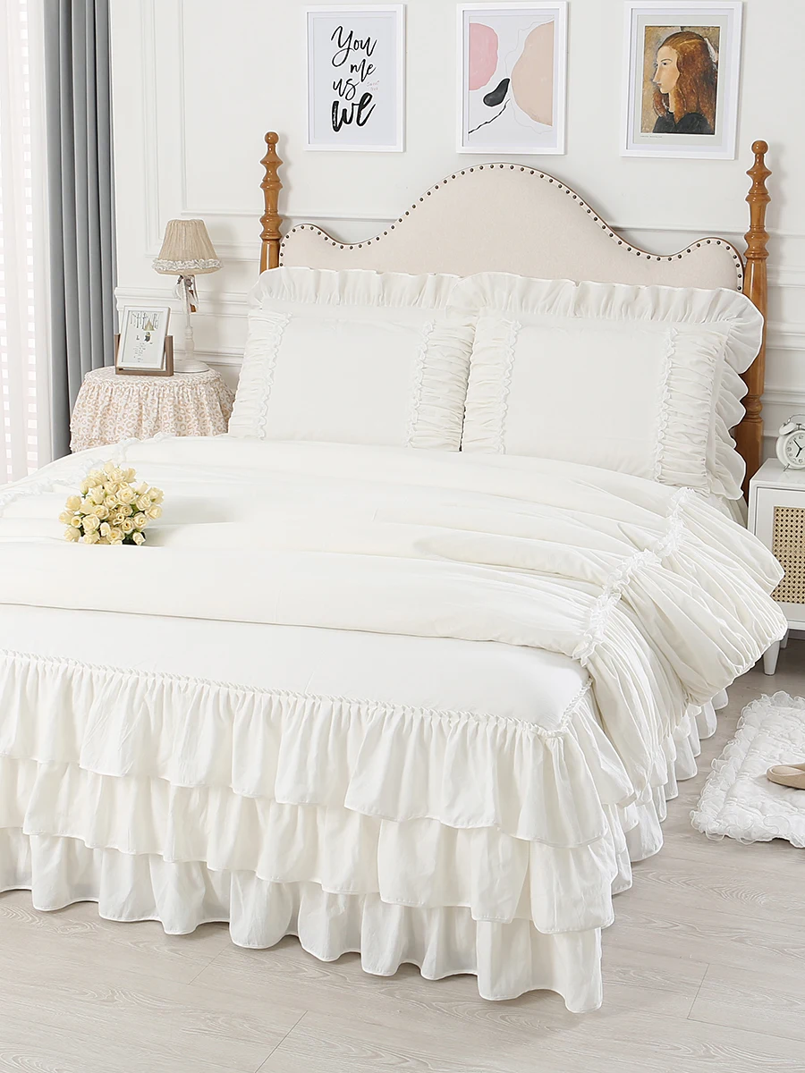 100% Premium Cotton Bedding Four Piece Set, Fairy Wind Lolita White Bed Skirt Bed Sheet Quilt Cover, Ruffle Edge Duvet Cover Set 4