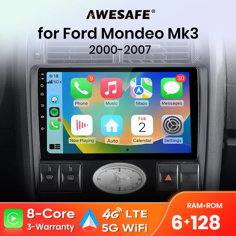 Radio AWESAFE con CarPlay y Android Auto inalámbrico para Ford Mondeo MK3 2000 2001 2002-2007, Plug & Play, FM, BT, RDS, DSP, 4G, GPS, Multimedia 1