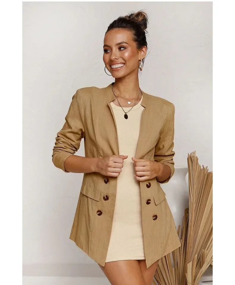 

Women Solid Colors Brown Jacket Blazer Double Breasted Suit 2023 New Fashion Office Button Decoration Casual Commute Blazers
