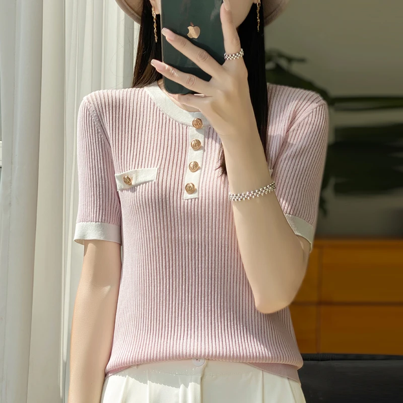 

Western-style wild contrast color fashion knitted women's color matching round neck pullover short sleeve temperament bottoming