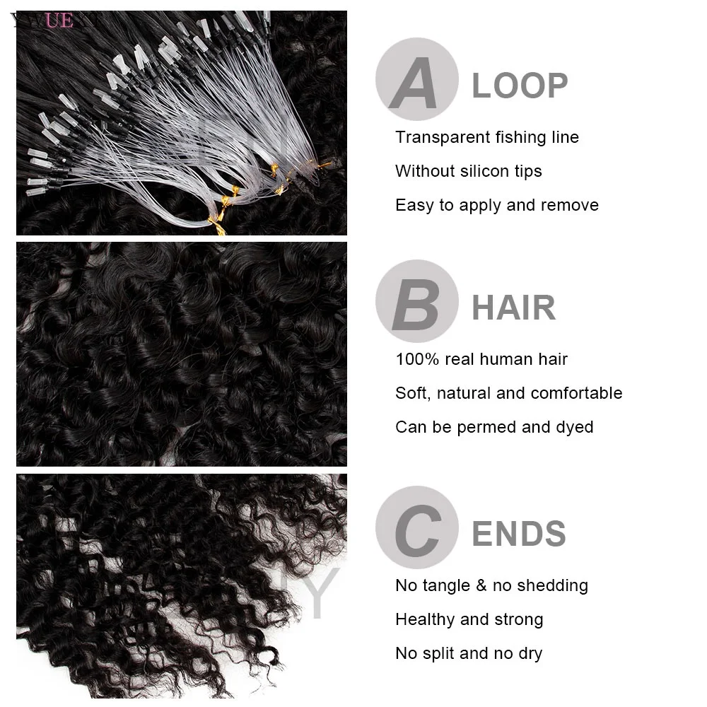 Micro Loop Hair Extensions Water Wave Curly 12-26 inches Natural Black Remy Human Hair 50pcs/pack Micro Link Ring