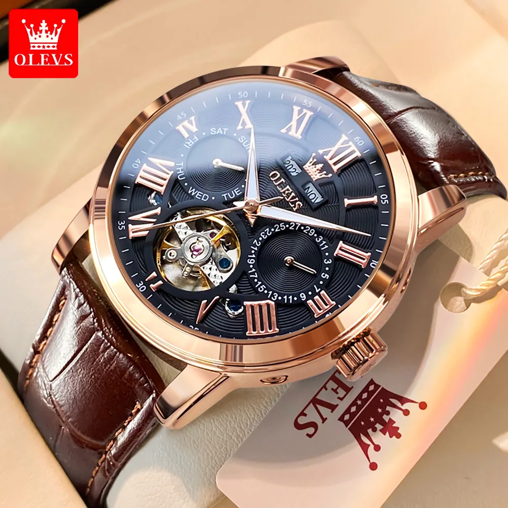 

OLEVS 6668 New Automatic Hollow Out Mechanical Watch for Men Leather Strap Skeleton Style Waterproof Male Watch