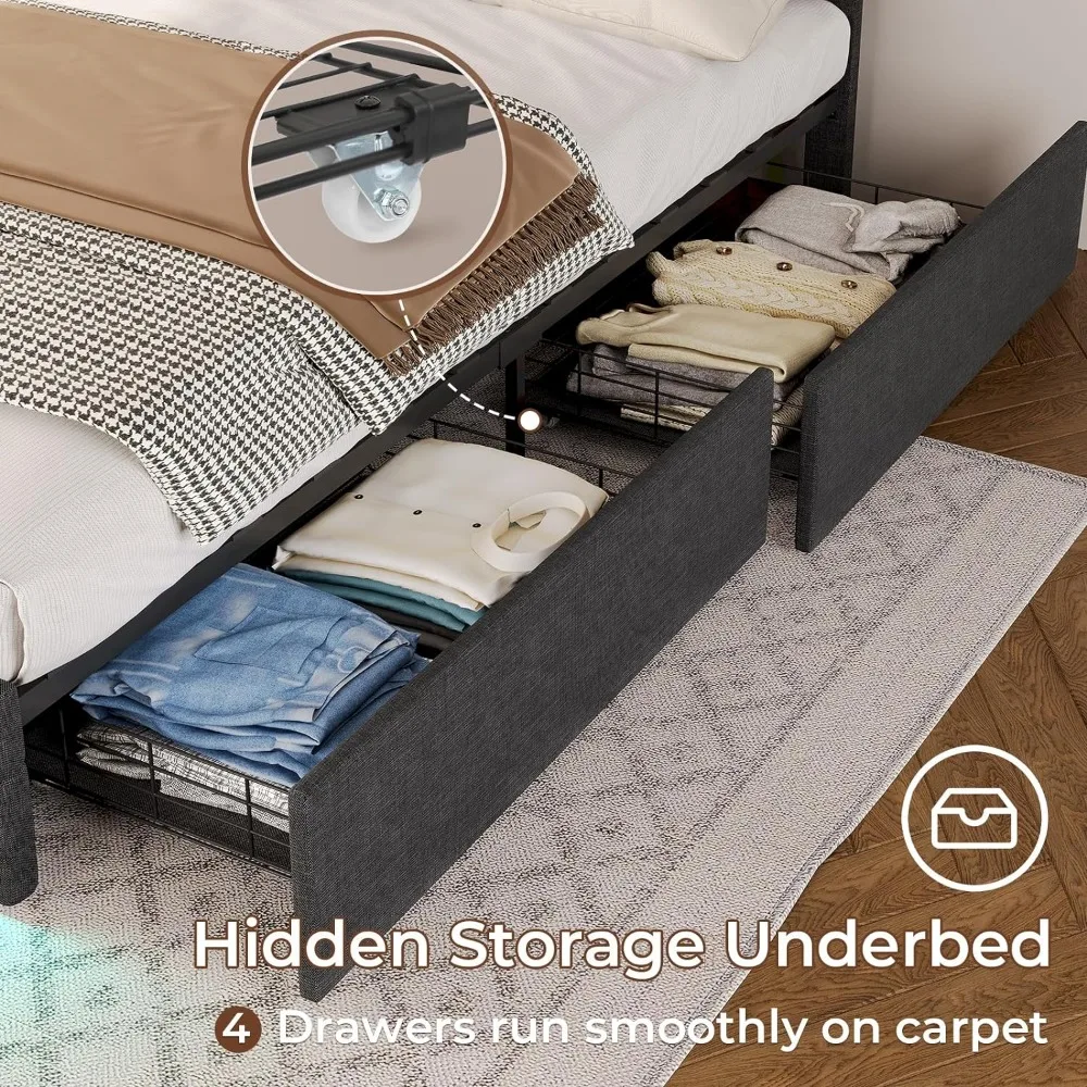 LED Bed Frame w 4 Drawers and 2 USB Charging Station Upholstered Platform Queen Size Bed Frame w LED Lights Headboard Footboard bed frame