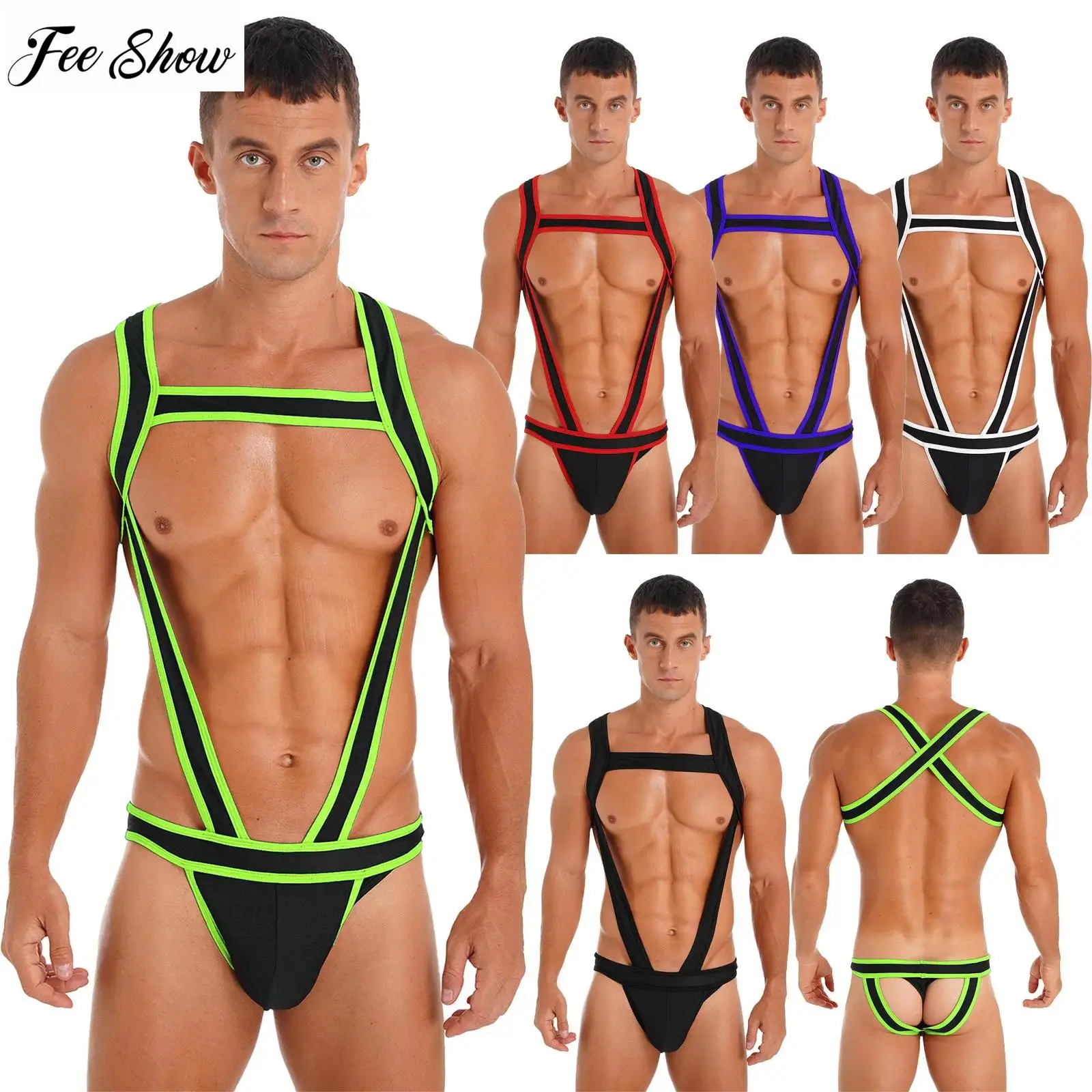 

Mens Contrast Color Trim Body Chest Harness Jumpsuits Bulge Pouch Jockstrap Underwear One-piece Bodysuit Nightwear
