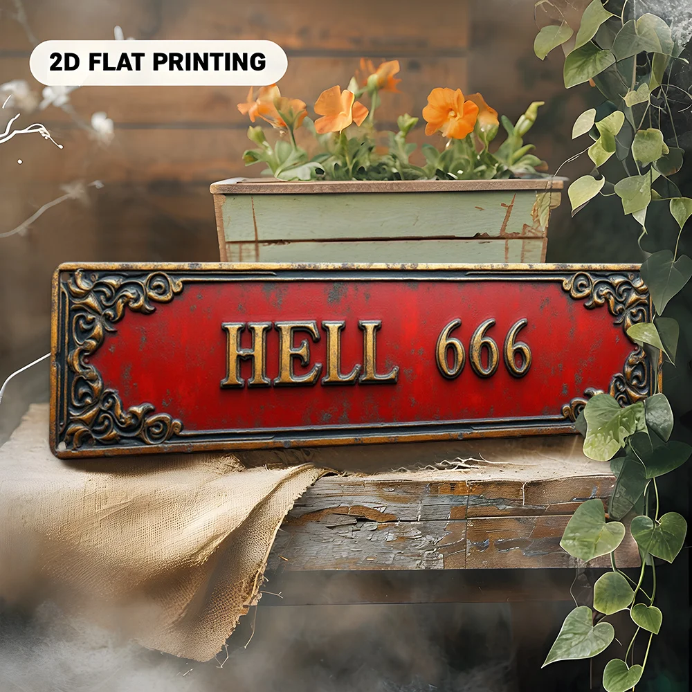 맞춤형 2D 프린트 알루미늄 사인 HELL 666 레드 골드 플로럴 테두리 빈티지 장식 (바, 차고, 집, 야외, 선물용)
