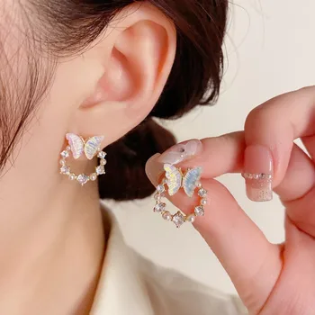 925 Silver Needle Korean Fashion Circle Butterfly Earrings For Women Jewelry 2025 Trending Gentle Crystal Pearl Stud Earrings