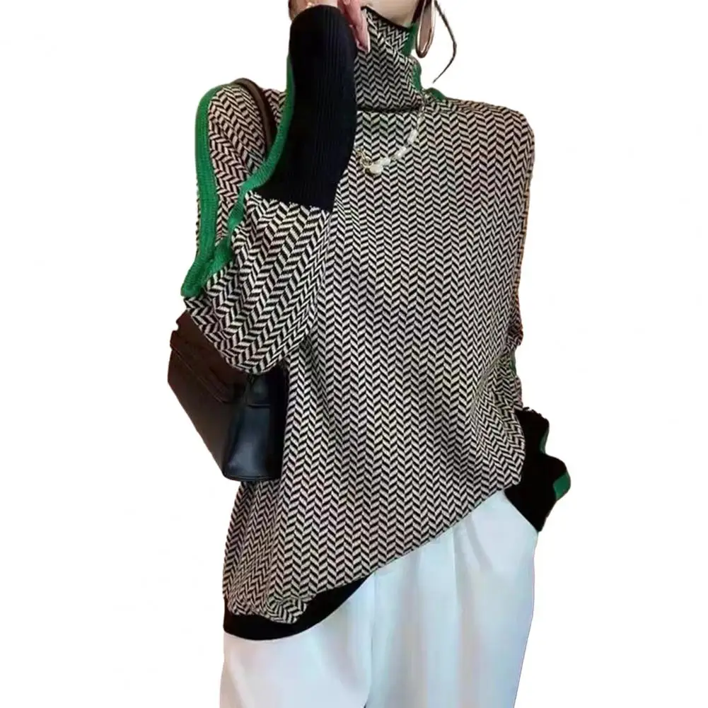 

Облегающий свитер с длинным рукавом, вязаный свитер контрастных цветов, Стильный дизайнерский женский теплый уютный пуловер с высоким воротником и длинными рукавами