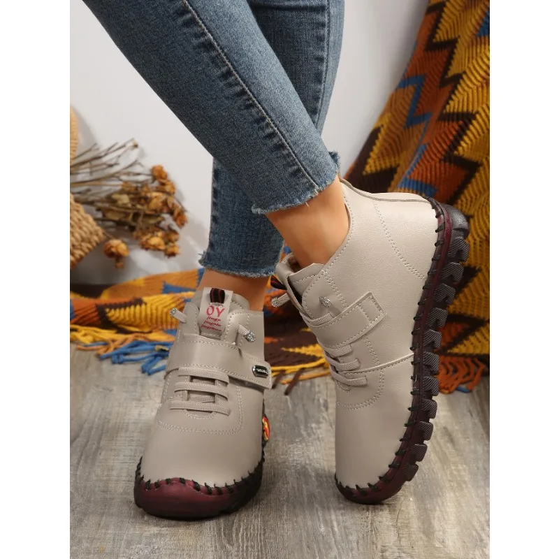 Sneakers Women Shoes Platform Loafers Lace Up Leather Flat Slip On New Spring Casual Mom Shoes Hand Stitched Winter Bare Boots