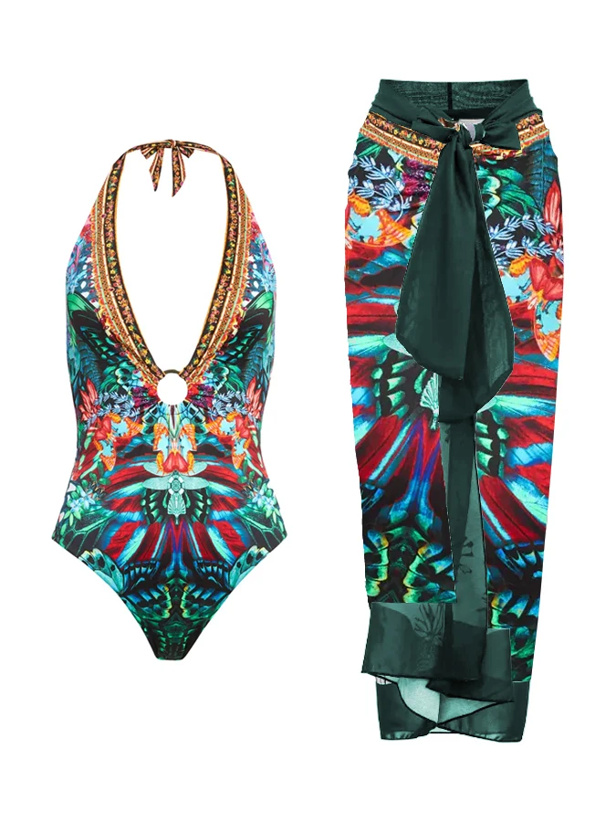 

Deep V Female Retro Beach Wear 2023 Hanging Neck Summer New Swimwear One-Piece Swimsuit And Cover-Ups Vacation Sexy Tankini
