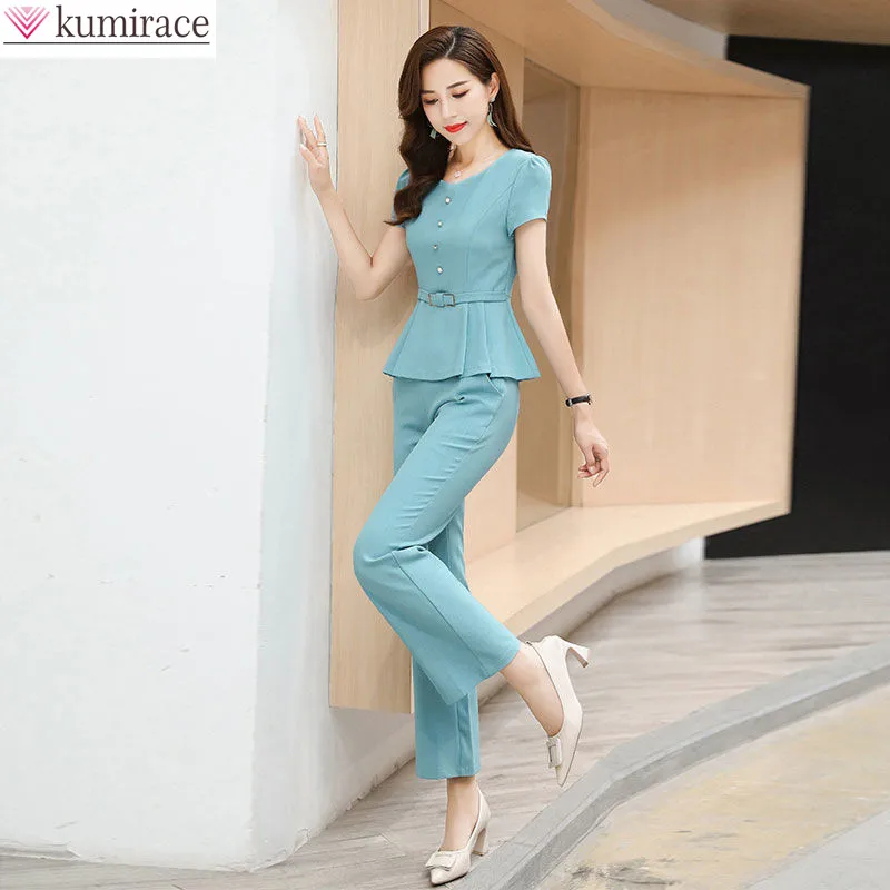 Korean Fashion Elegant Women's Pants Set Fashion Pleated Chiffon Short Sleeve Top T-shirt Casual Pants Two-piece Set Tracksuit