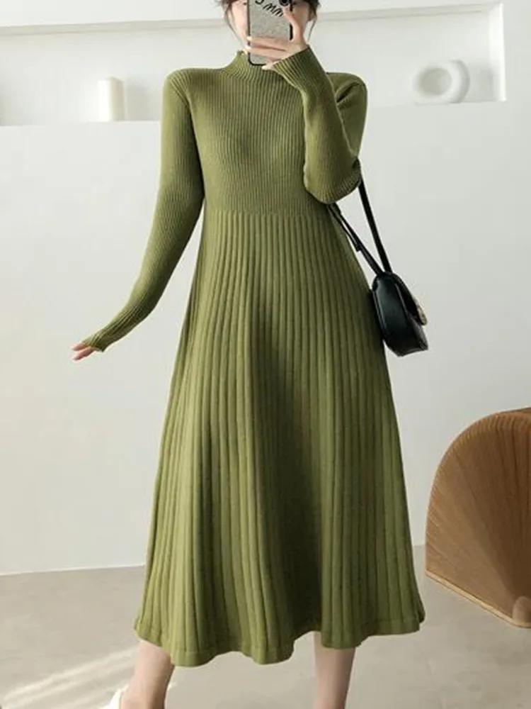 

Женский длинный вязаный свитер Coigarsam, теплое зимнее плиссированное платье, Женская водолазка, офисные женские платья