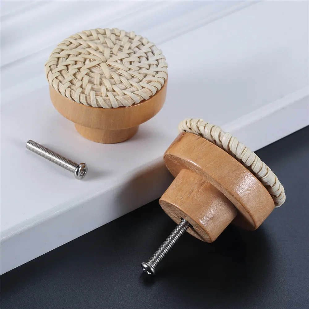 2pcs Rattan Knob w/screw Woven Wicker Round Wood Handle Furniture Pull 30/35/40/45mm Natural Eco-frinedly Exquisite White Coffee