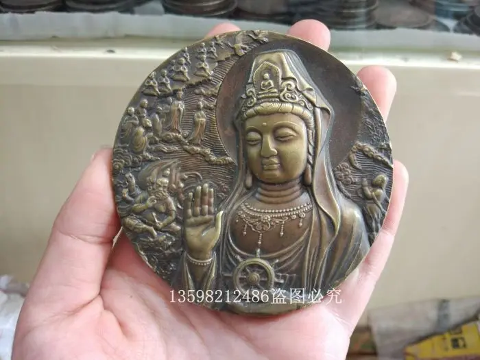 

Antique Ware Collection Buddhist Great Compassion Mantra Golden Wheel Guanyin Pudu Eight Dharma Weapon Tablets Copper