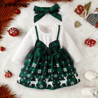 Baby Christmas Dresses For Girls Big Bow Plaid Deer Dress New Year Costume Baby Kids My First Christmas Clothes 3