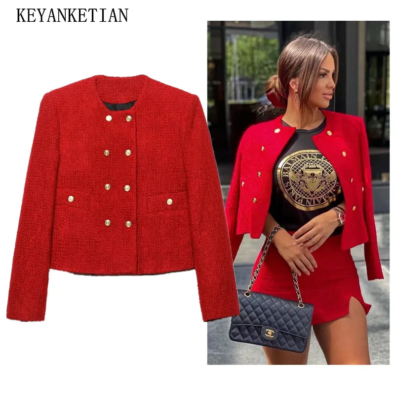 

KEYANKETIAN Women's Double Breasted Short Textured Suit New Winter Shag Tweed Round Neck Long Sleeve Straight Red Coat Top