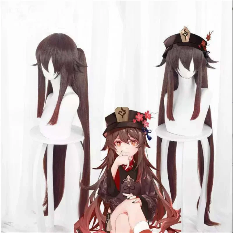 Genshin Impact HuTao Cosplay-Perücke, 110 cm lang, braun, hitzebeständiges, synthetisches Material, doppelter Pferdeschwanz, Anime-Cosplay + Perückenhaube. – Detail 1