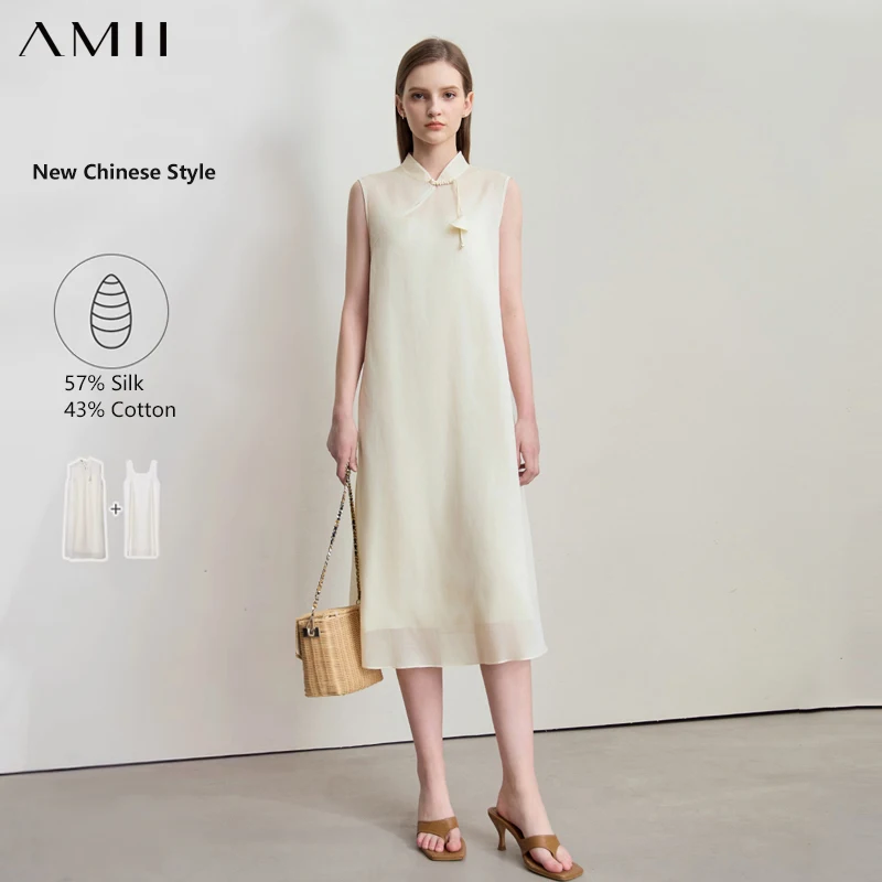 AMII Minimalist Mulberry Silk Cotton Dress Women 2025 Summer New Chinese Style Sleeveless A-Line Elegant Evening Dresses12542267